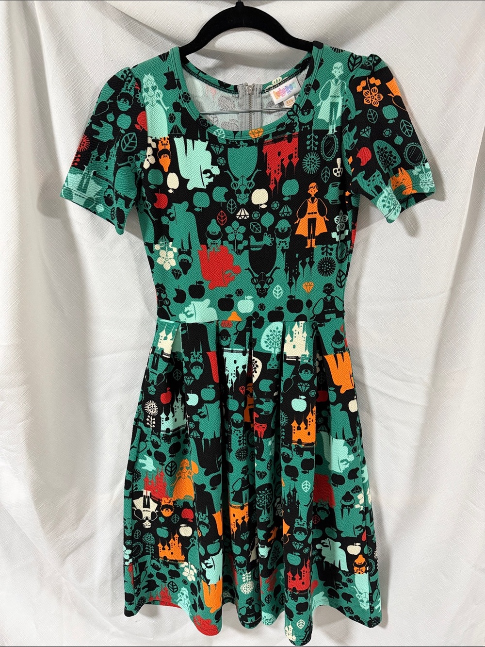 Lula Roe Disney Princess Skater Dress in Teal, Black & Orange
